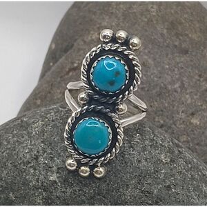 Native Southwest Style Sterling Silver Double Turquoise Stone Ring Size 7